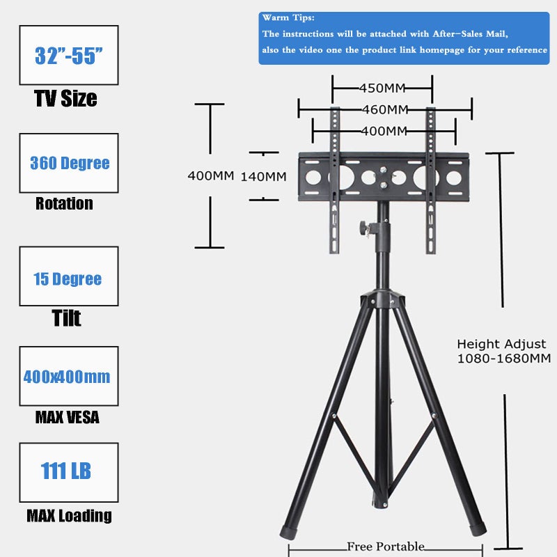 YFLY Black Tripod TV Display Portable Floor Stand Height Adjustable Mount for 32" to 55" Flat Screens - Image 4